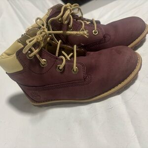 Timberland Kids Burgundy and Tan Lace-Up Ankle Boots